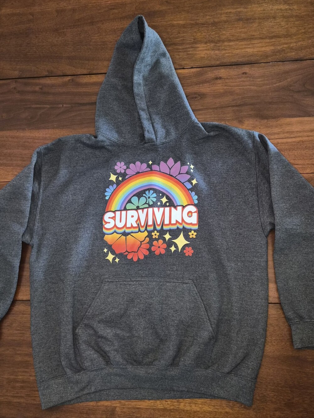 Grey 'Surviving' Hoodie with Rainbow Graphic